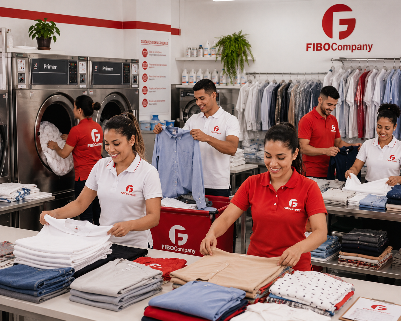 Equipe da FIBOCompany executando serviço de lavanderia com uniforme da empresa