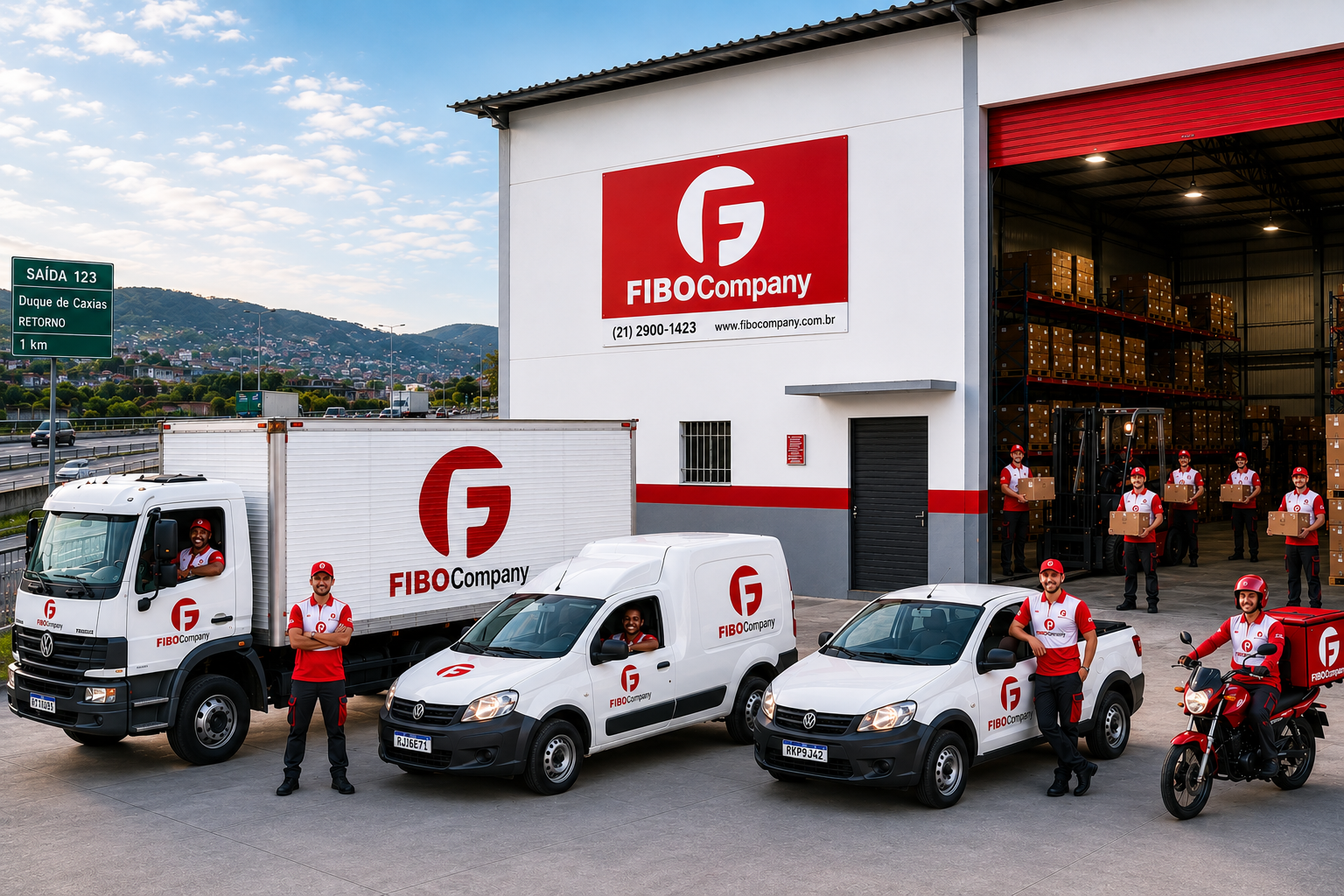 Galpão logístico da FIBOCompany com veículos e equipe uniformizada