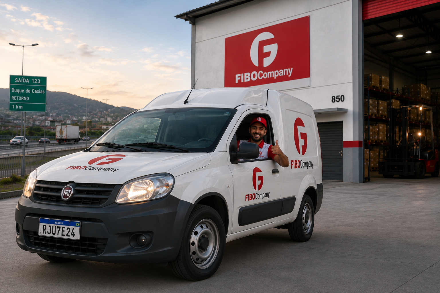 Fiat Fiorino branca da FIBOCompany em frente ao galpão logístico