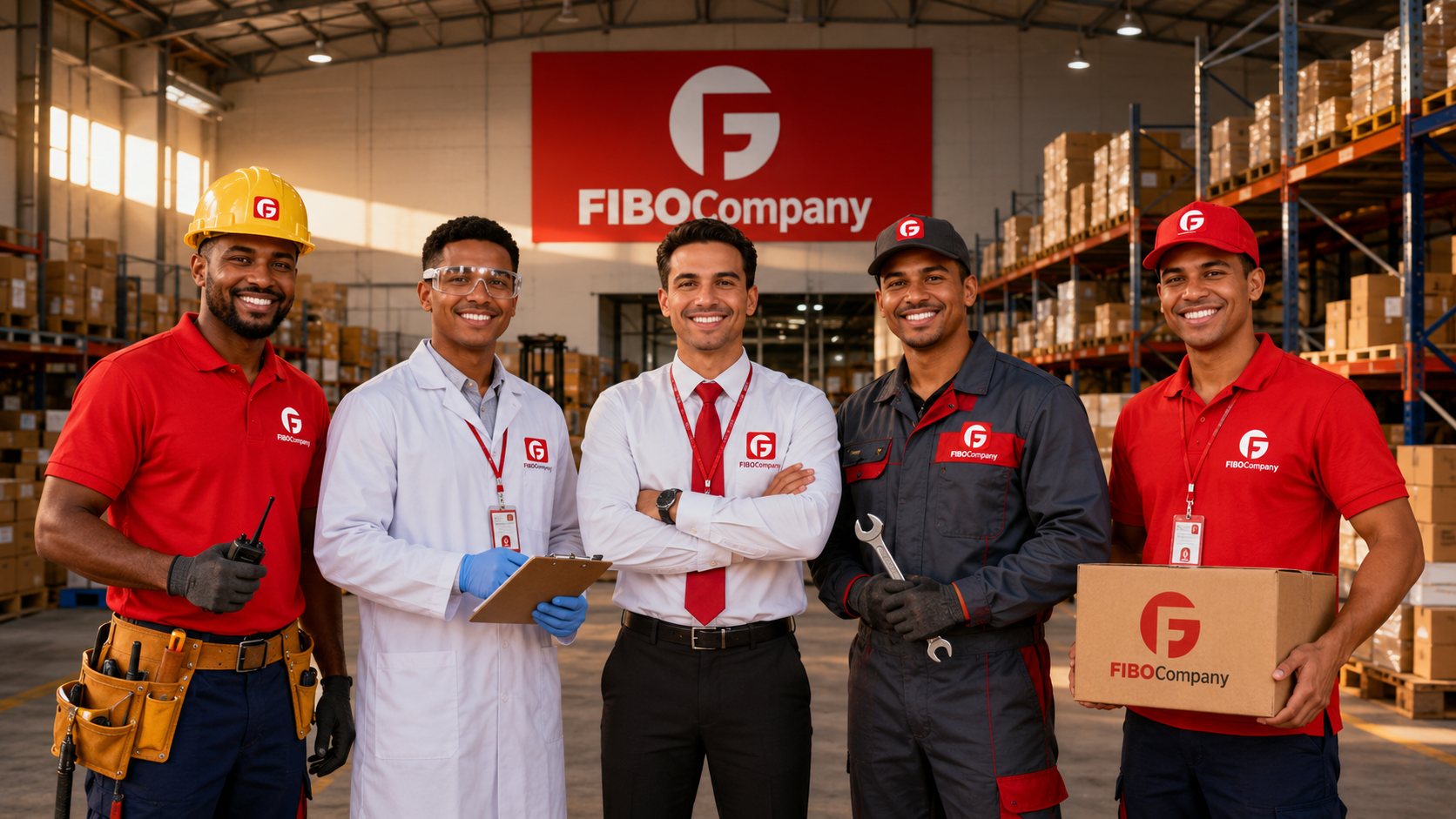 Cinco colaboradores da FIBOCompany uniformizados em área de estoque e logística