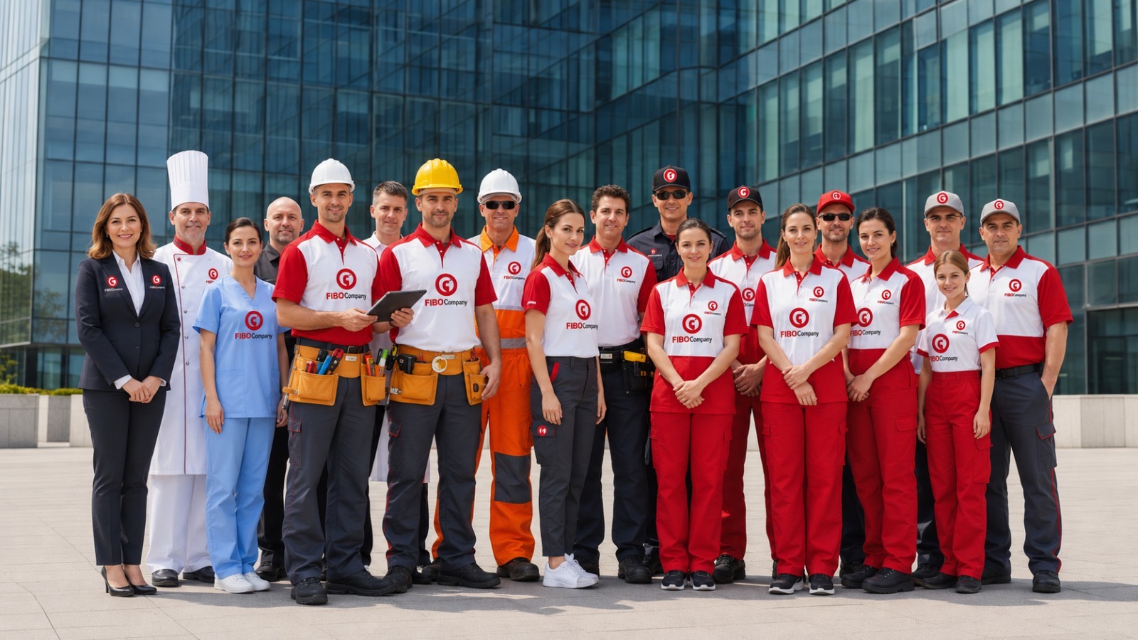 Equipe multidisciplinar da FIBOCompany com profissionais uniformizados de diferentes áreas